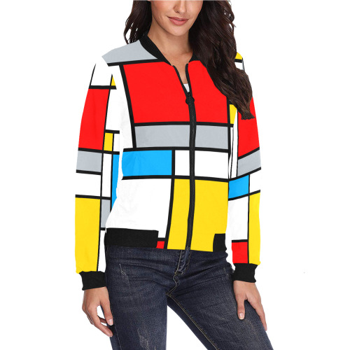 Mondrian Style Color Composition Geometric Retro Art All Over Print Bomber Jacket for Women (Model H36)