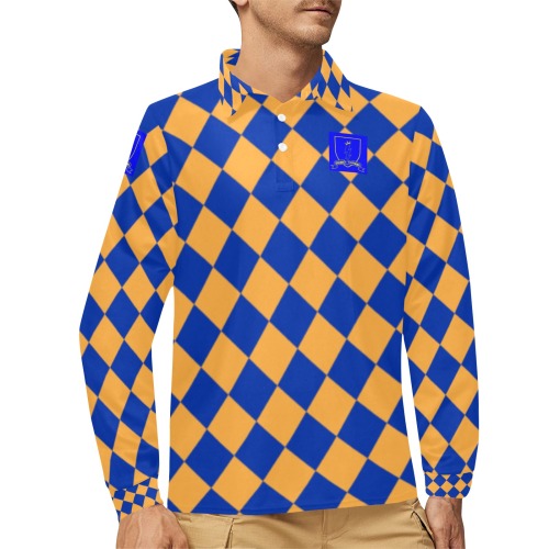 DIONIO Clothing - Checkered Long Sleeve Polo Shirt (Blue & Gold) Men's Long Sleeve Polo Shirt (Model T73)
