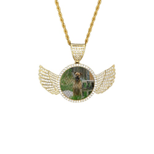 A Smiling Dog Wings Gold Photo Pendant with Rope Chain