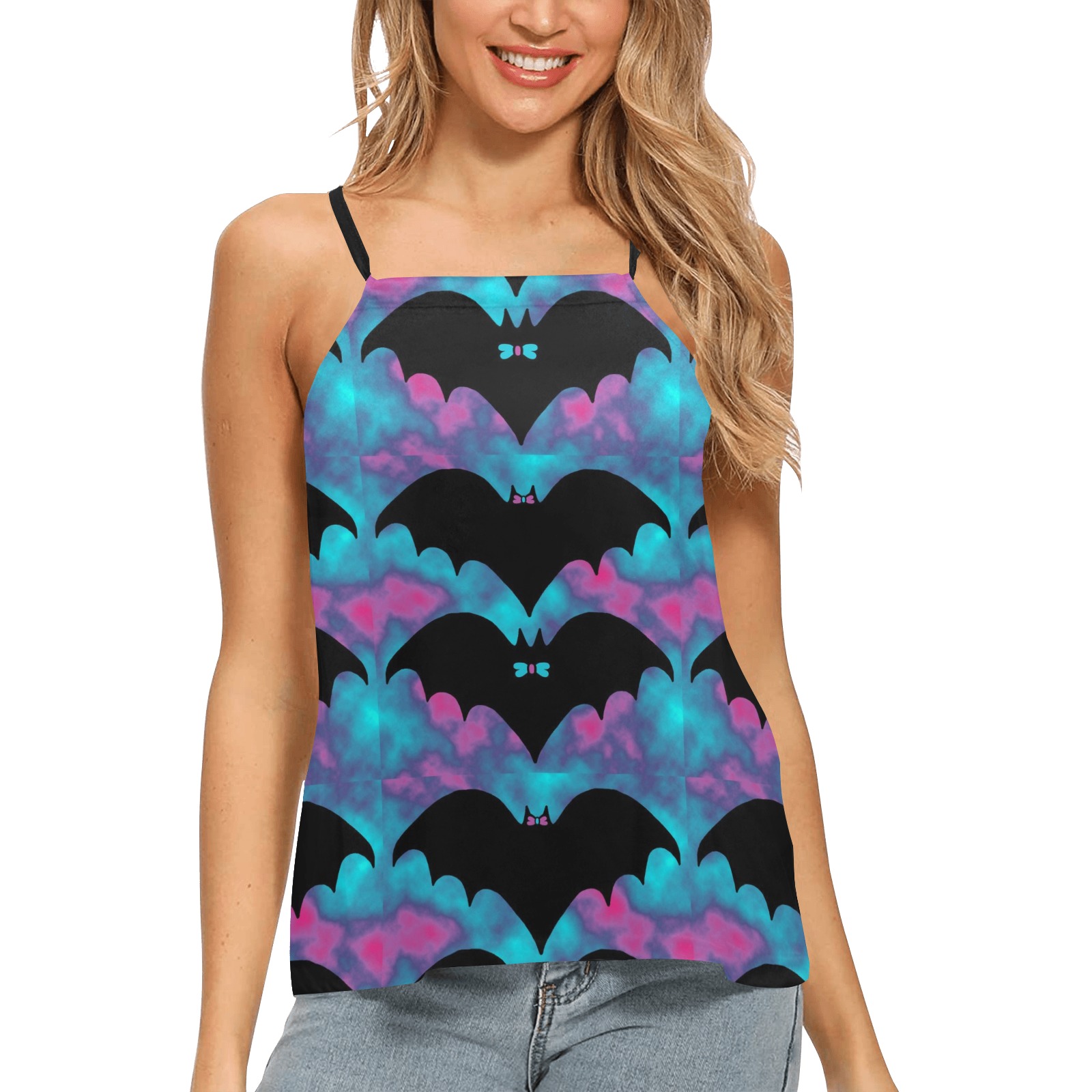 Bats And Bows Blue Pink Loose Fit Halter Neck Top (Model T68)
