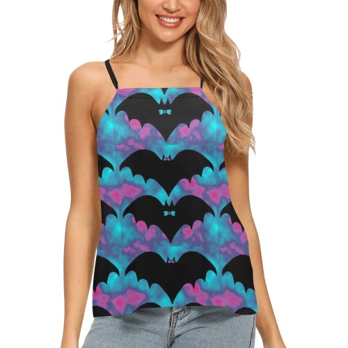 Bats And Bows Blue Pink Loose Fit Halter Neck Top (Model T68)