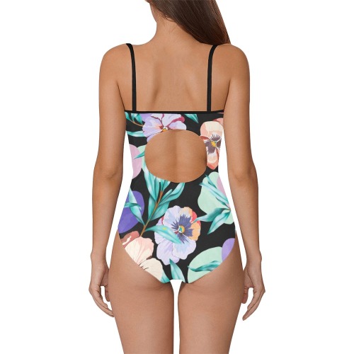 Dark modern tropical floral PD Strap Swimsuit ( Model S05)