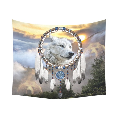 Wolf, Bear and Dream Catcher Cotton Linen Wall Tapestry 60"x 51"