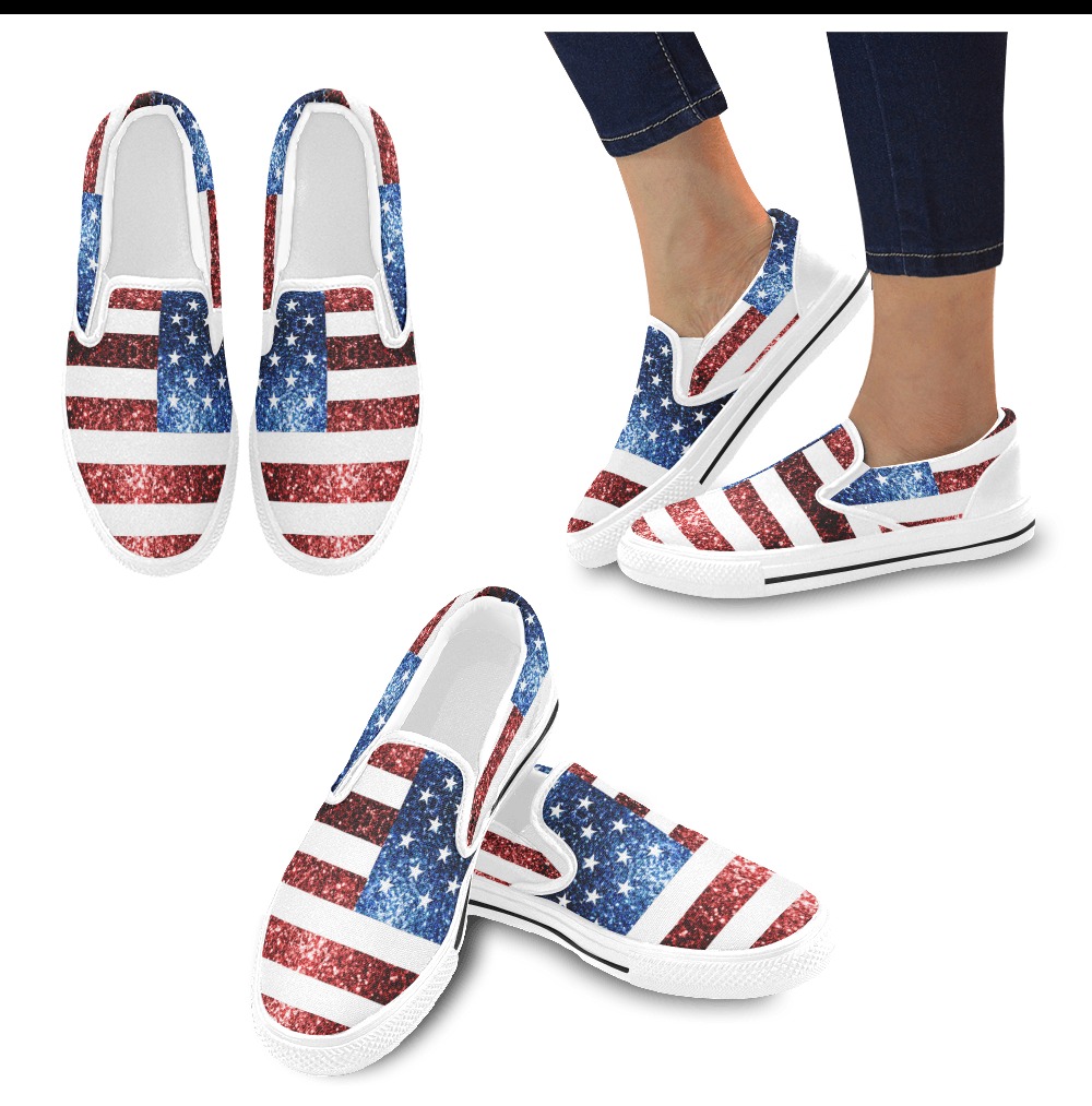 Sparkly USA flag America Red White Blue faux Sparkles patriotic bling 4th of July Women's Slip-on Canvas Shoes (Model 019)