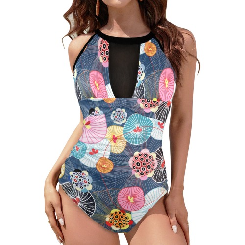 Beautiful colorful abstract pattern Women's High Neck Plunge Mesh Ruched Swimsuit (S43)