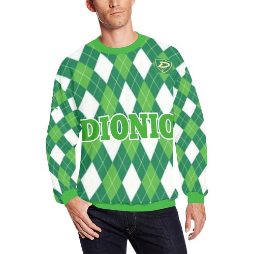 DIONIO Clothing - Argyle Green & White Diamond Sweatshirt (Green D-Shield Logo) Men's Oversized Fleece Crew Sweatshirt (Model H18)