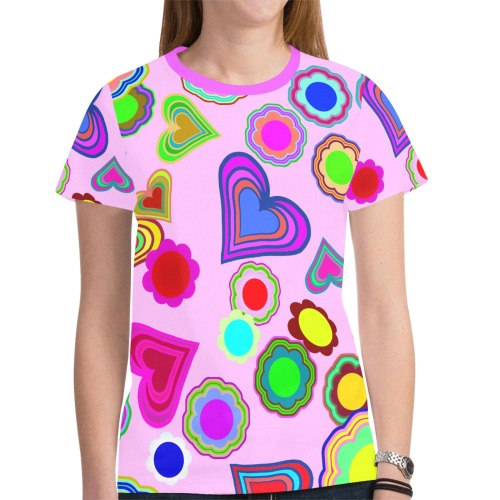 Groovy Hearts Flowers Pattern Pink New All Over Print T-shirt for Women (Model T45)