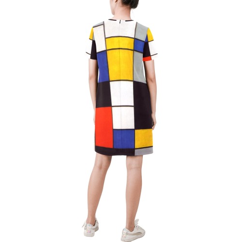 Composition A by Piet Mondrian Short-Sleeve Round Neck A-Line Dress (Model D47)