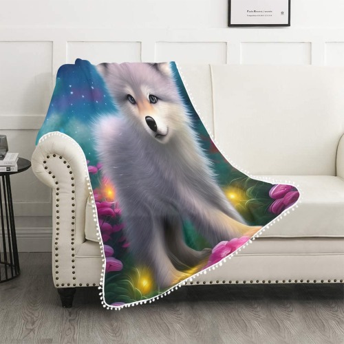 Baby Wolf Pom Pom Fringe Blanket 40"x50"