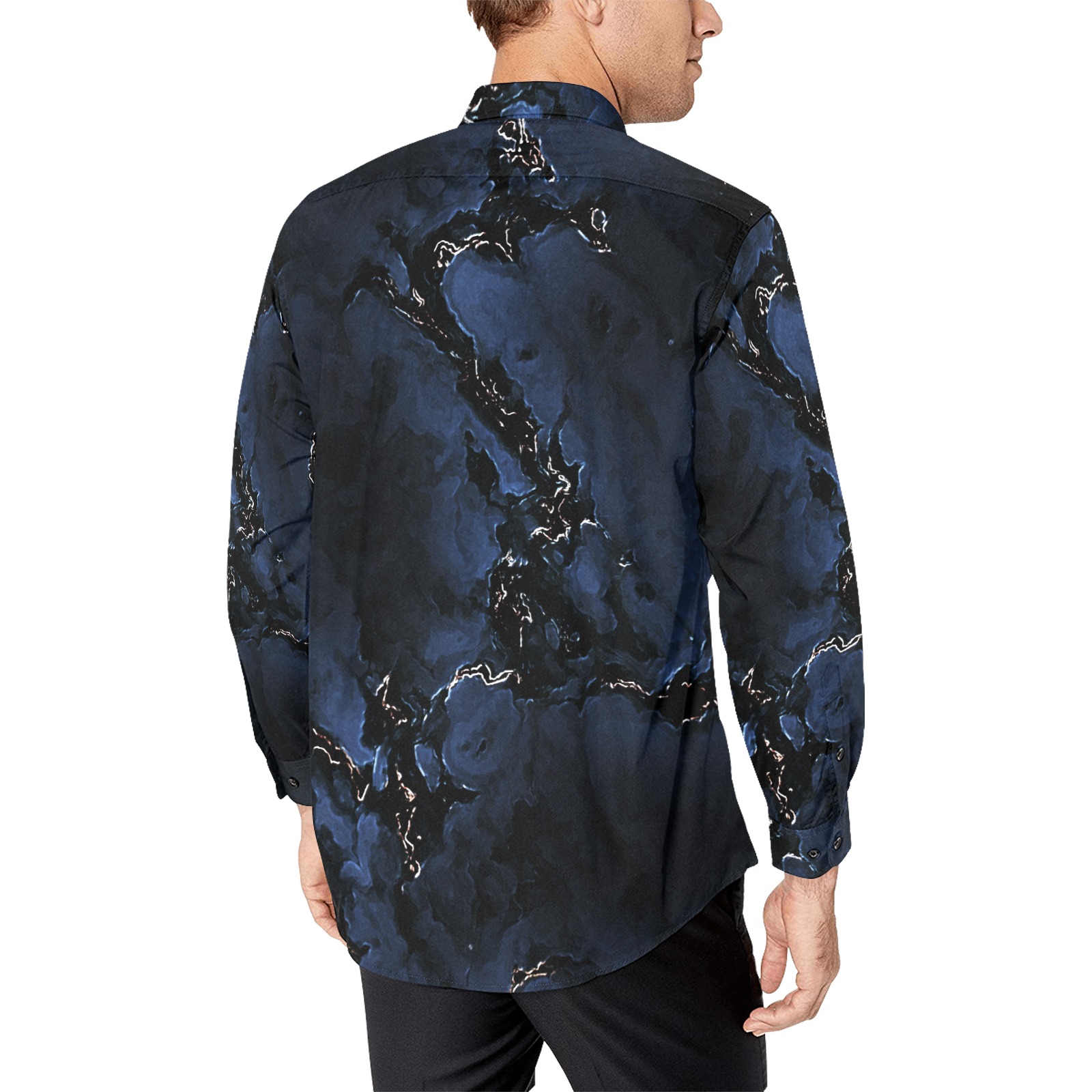 Blue Bliss Hills dark blue gold smokey marble pattern Men's All Over Print Casual Dress Shirt (Model T61)