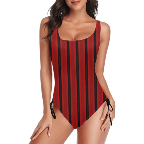Black and Red Stripes Drawstring Side One-Piece Swimsuit (Model S14)