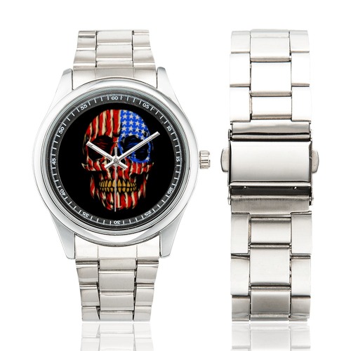 American Flag Skull Head Men's Stainless Steel Watch(Model 104)