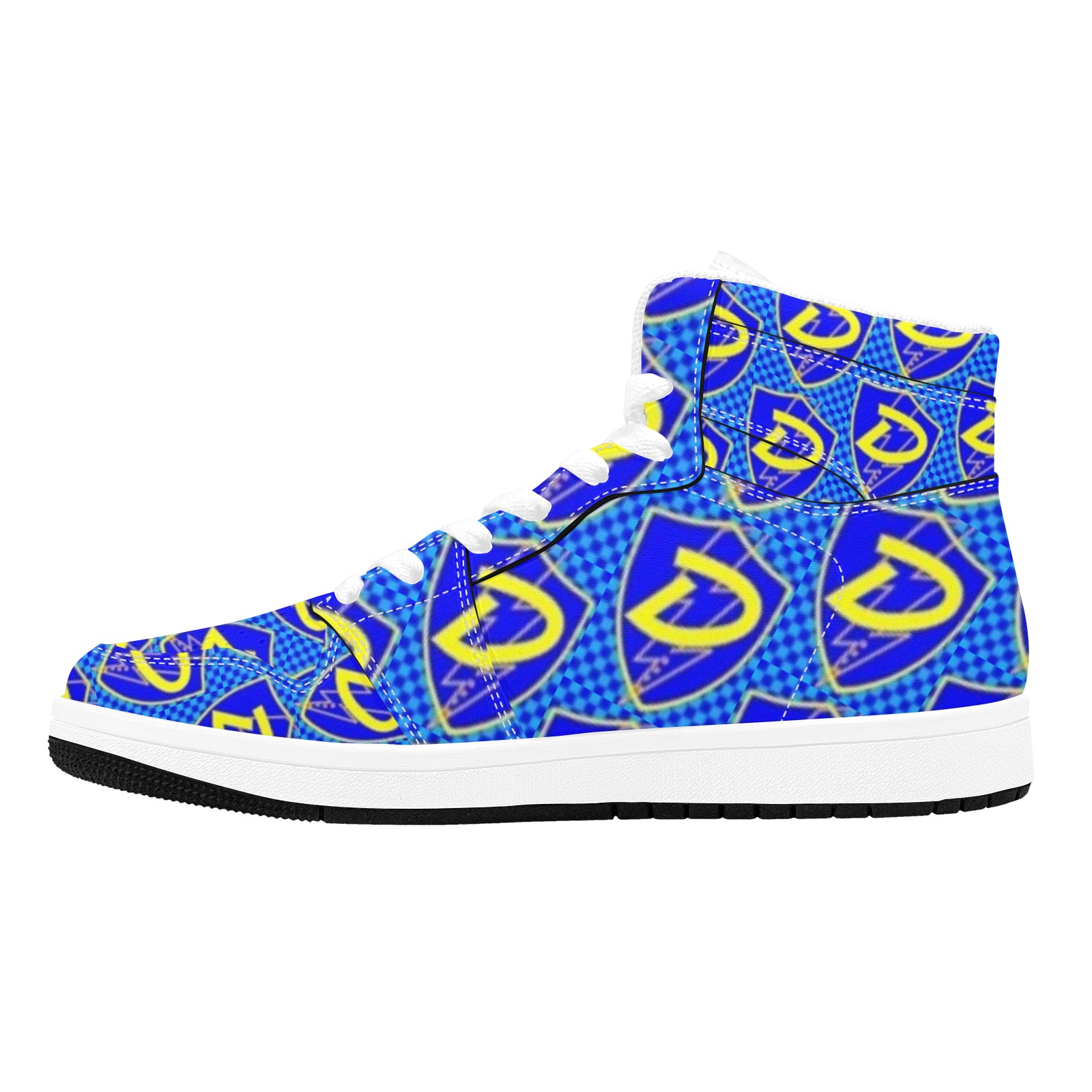 DIONIO - Blue & Yellow Repeat D Shield Logo Leather Sneakers Men's High Top Sneakers (Model 20042)