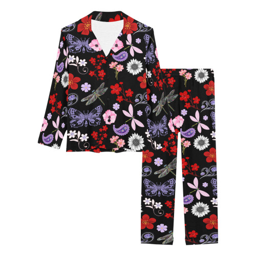 Black, Red, Pink, Purple, Dragonflies, Butterfly and Flowers Design Women's Long Pajama Set