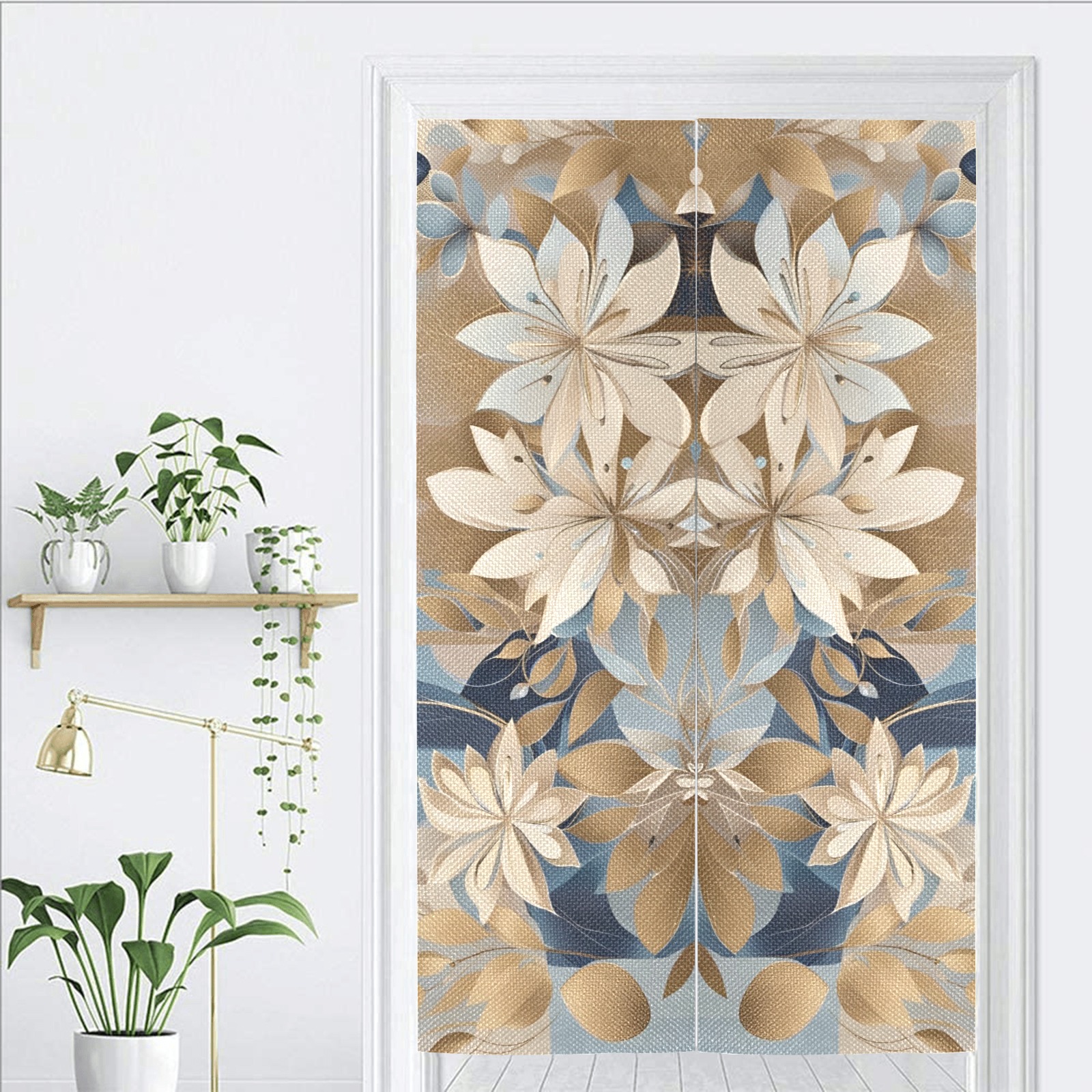 Beige and Blue Contemporary Flowers Door Curtain Tapestry