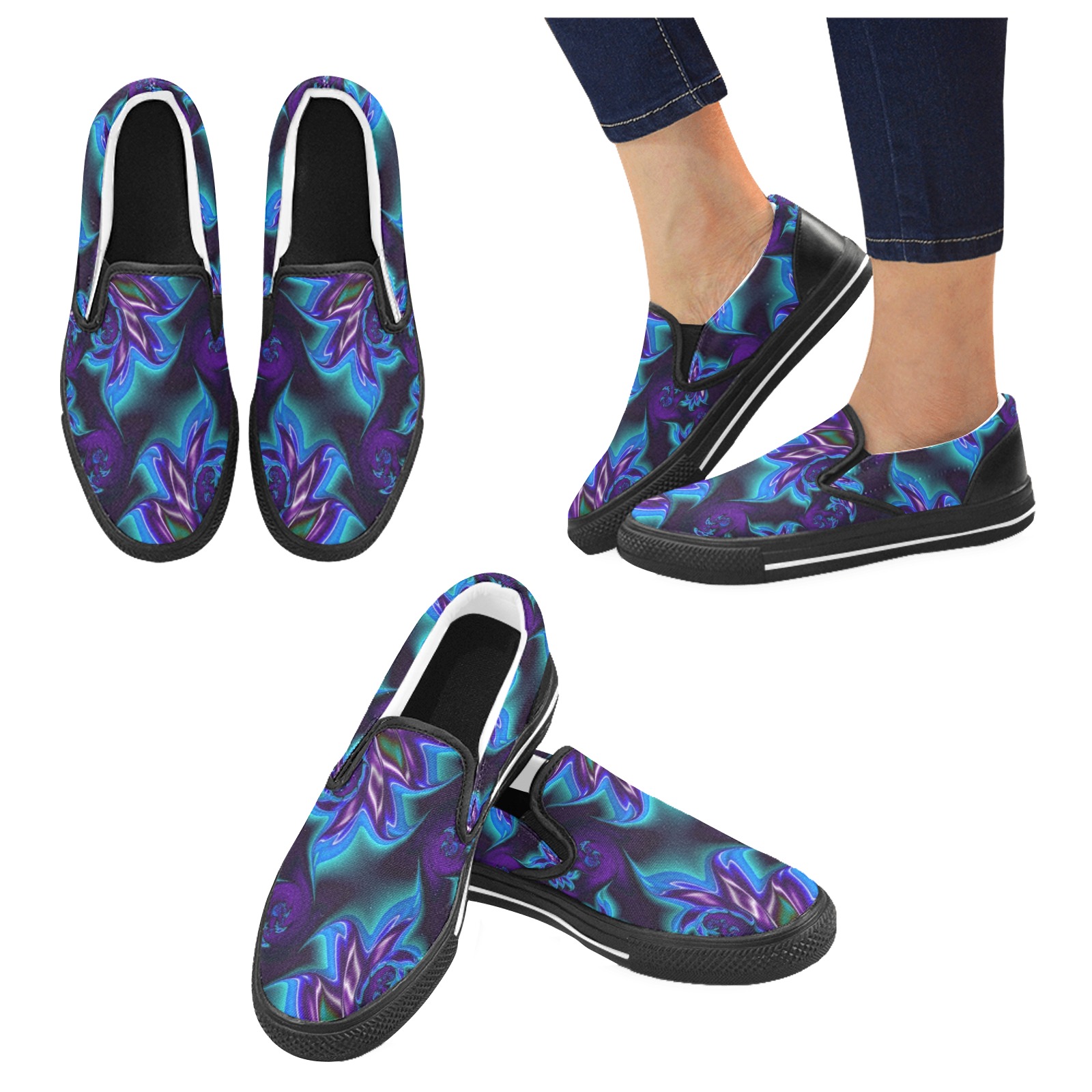 Aqua Blue and Purple Flowers Fractal Abstract Men's Slip-on Canvas Shoes (Model 019)