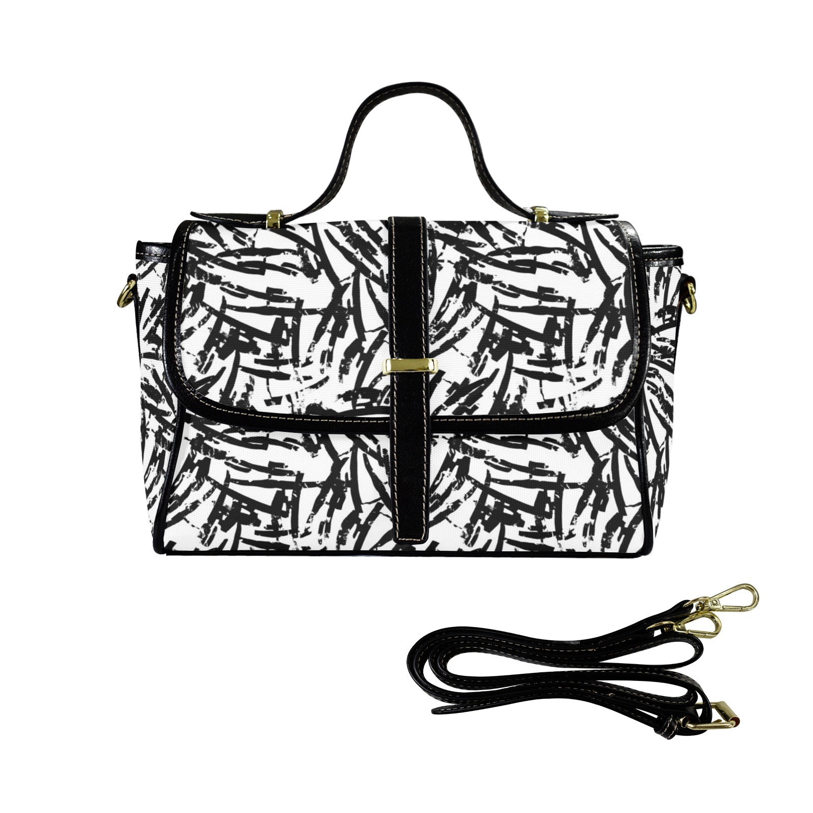 Brush Stroke Black and White Multi-Function Satchel-Black (Model 1740)