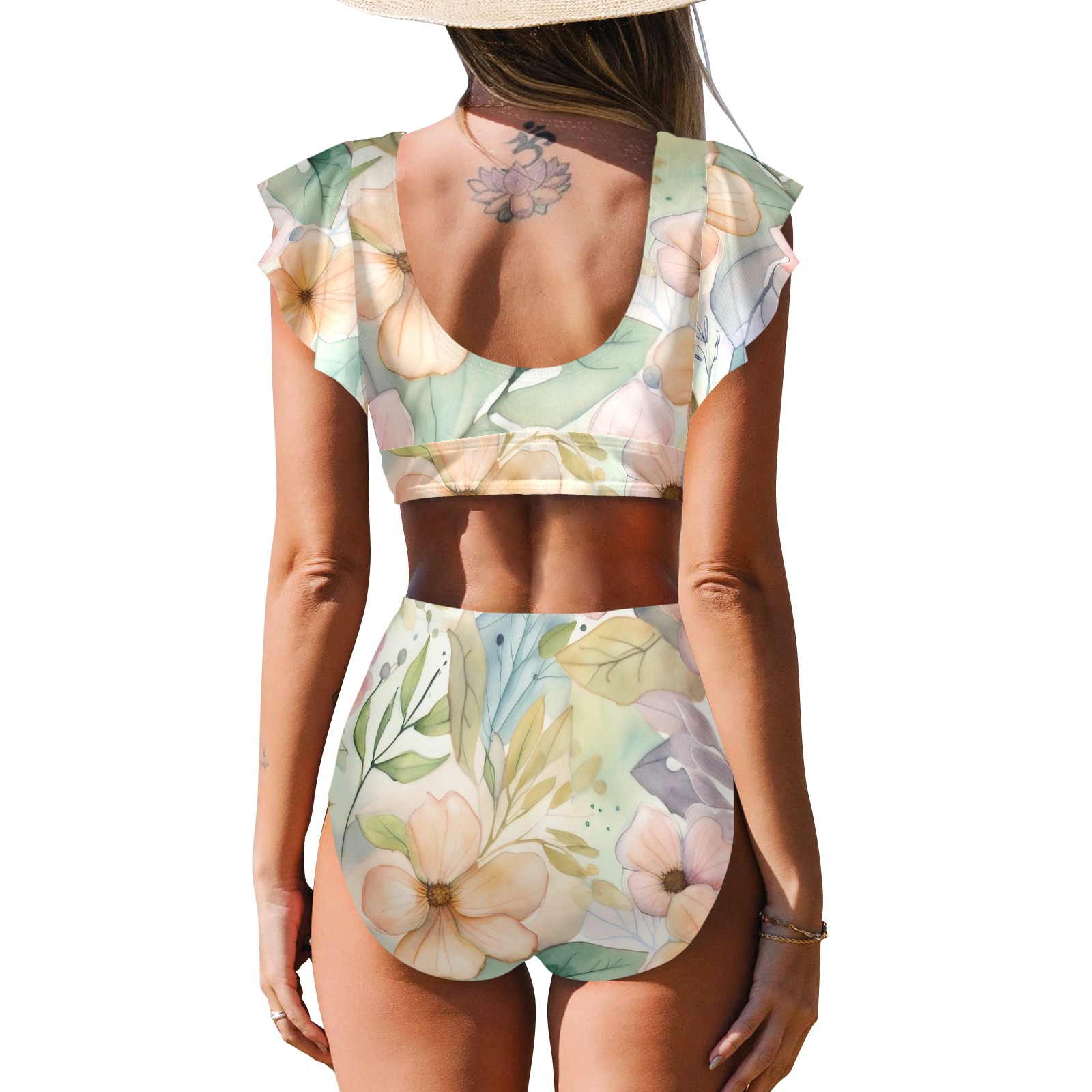 Watercolor Floral 1 Women's Ruffle Sleeve Bikini Swimsuit (Model S42)