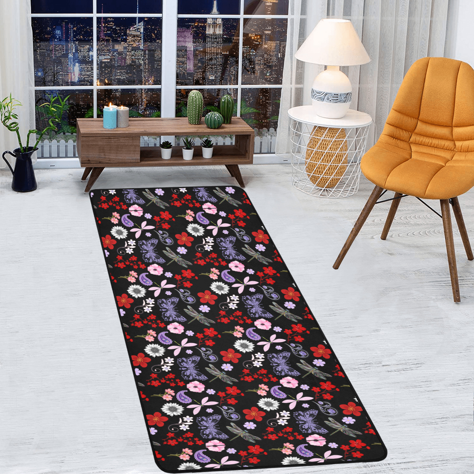 Black, Red, Pink, Purple, Dragonflies, Butterfly and Flowers Design Area Rug with Black Binding  7'x3'3''