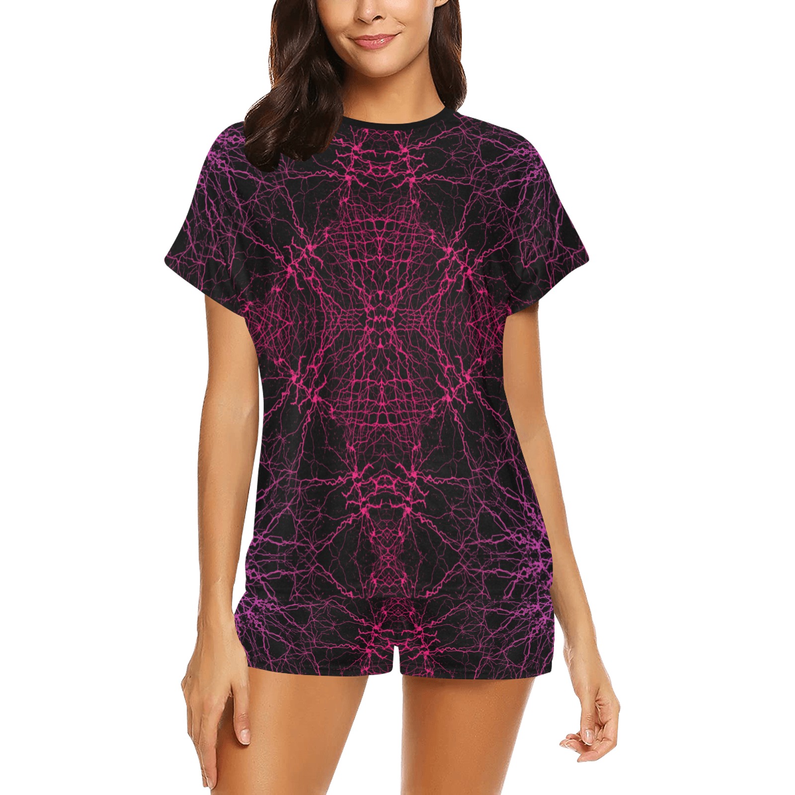 Ô Pink and Purple Web on Black Women's Short Pajama Set