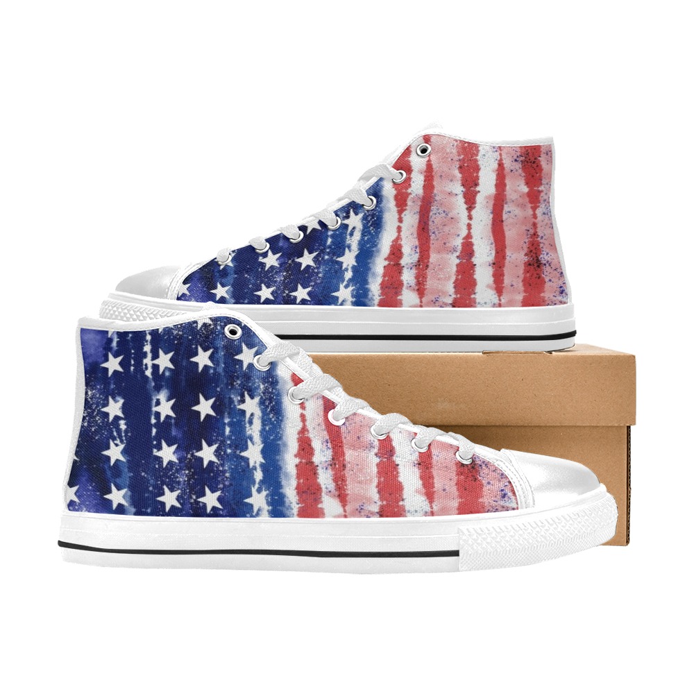 Red White and Blue Flag High Top Canvas Shoes for Kid (Model 017)