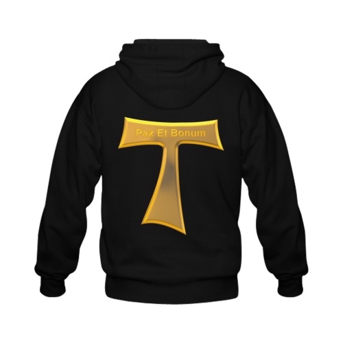 Franciscan Tau Cross Pax Et Bonum Gold  Metallic Gildan Full Zip Hooded Sweatshirt (Model H02)