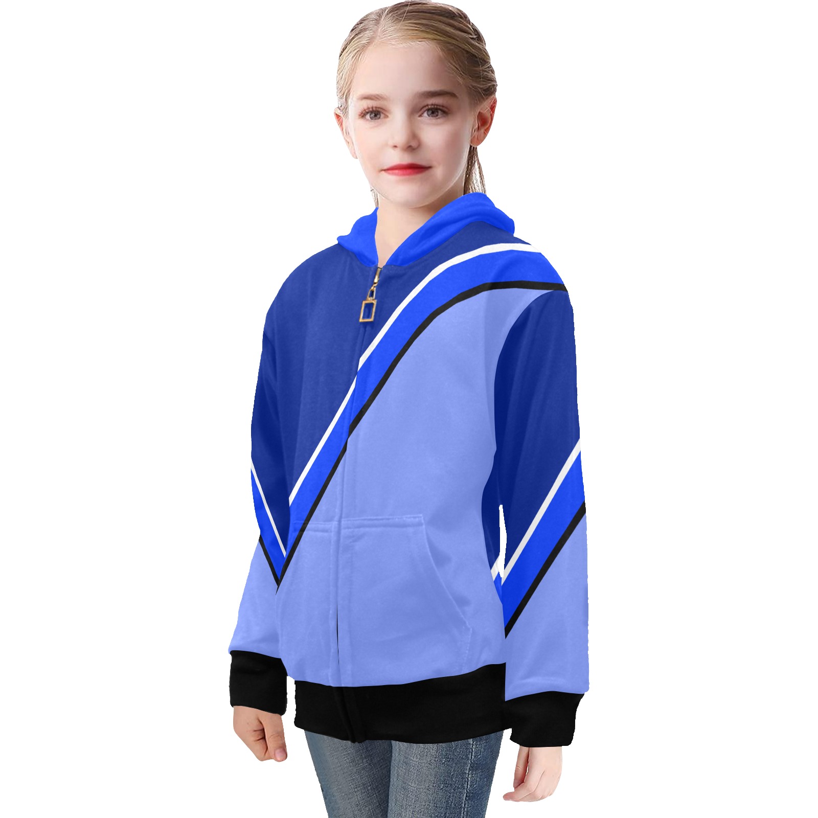 Diagonal Shades of Blue Big Girls' Zip Up Hoodie (Model H58)