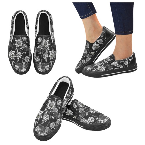 Black and White Nature Garden Men's Slip-on Canvas Shoes (Model 019)