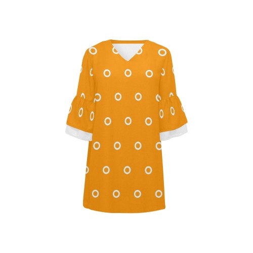 Orange with White Circles Half Sleeves V-Neck Mini Dress (Model D63)