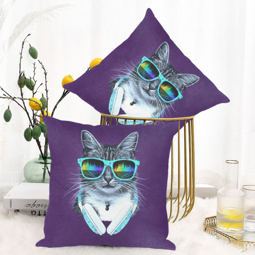 Cute Cool Cat with glasses and headphones Linen Zippered Pillowcase 18"x18"(One Side&Pack of 2)