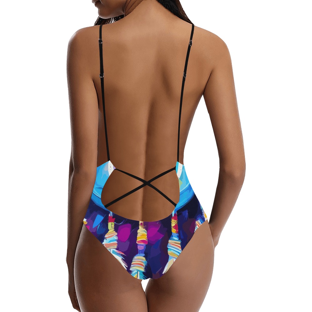 Blue dreamcatcher, purple background colorful art. Sexy Lacing Backless One-Piece Swimsuit (Model S10)
