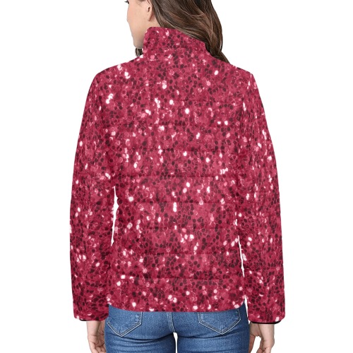 Magenta dark pink red faux sparkles glitter Women's Stand Collar Padded Jacket (Model H41)