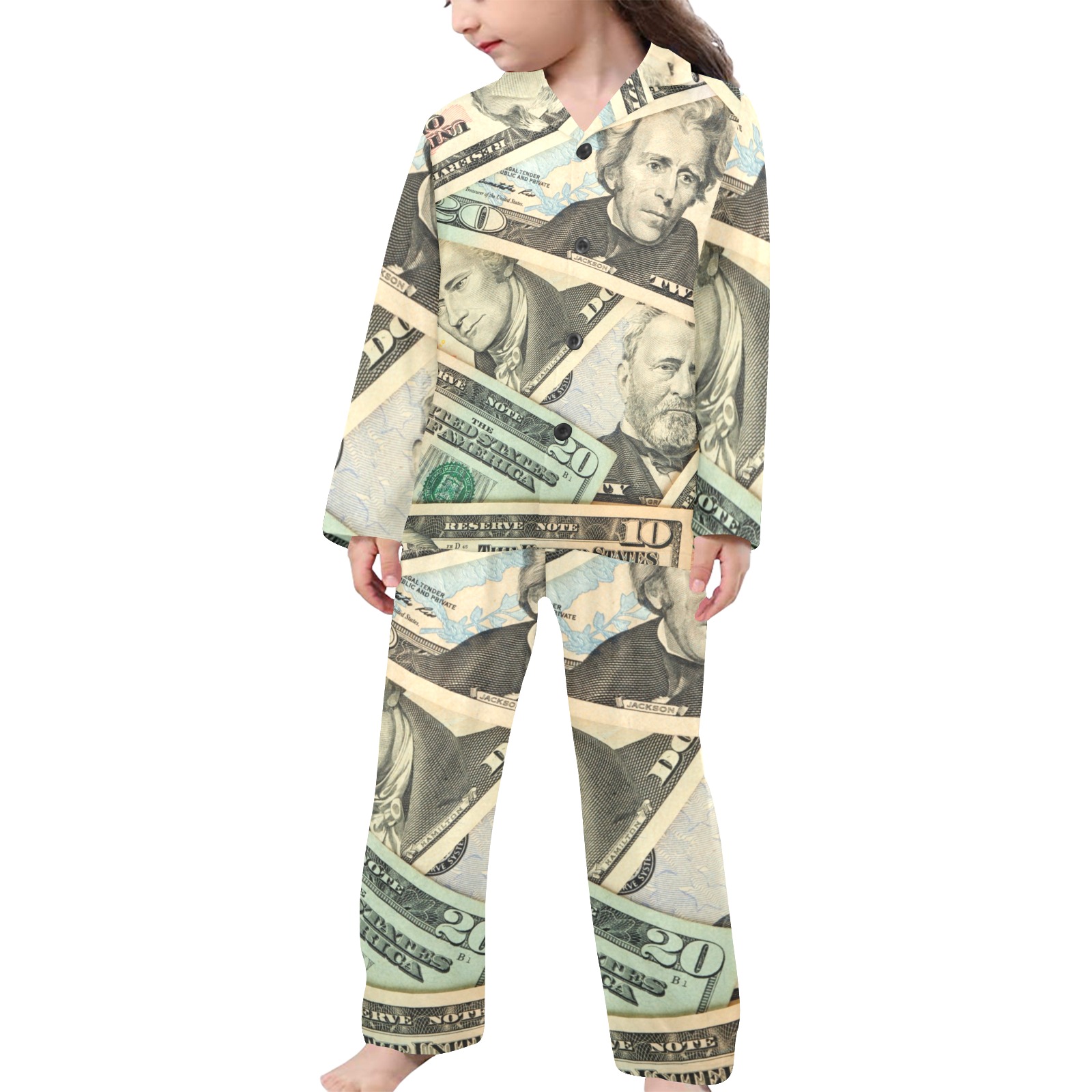 US PAPER CURRENCY Little Girls' V-Neck Long Pajama Set