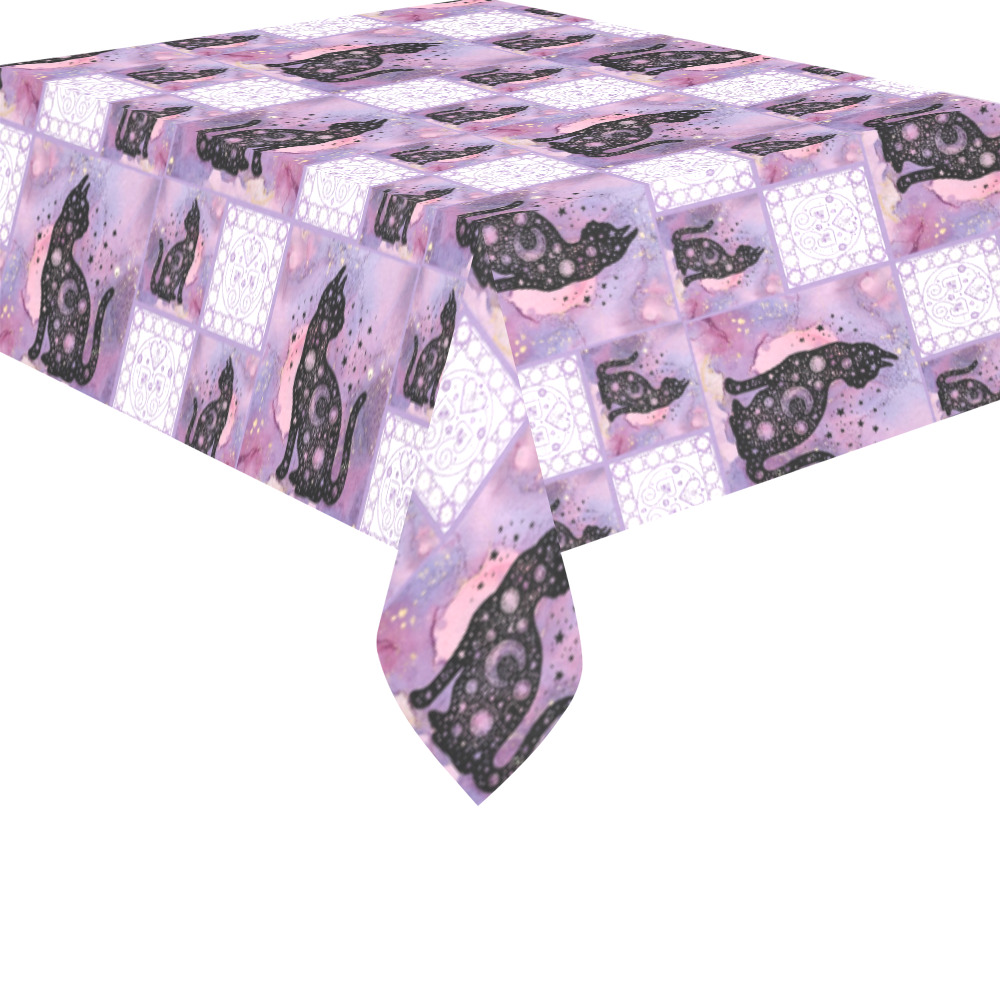 Purple Cosmic Cats Patchwork Pattern Cotton Linen Tablecloth 52"x 70"