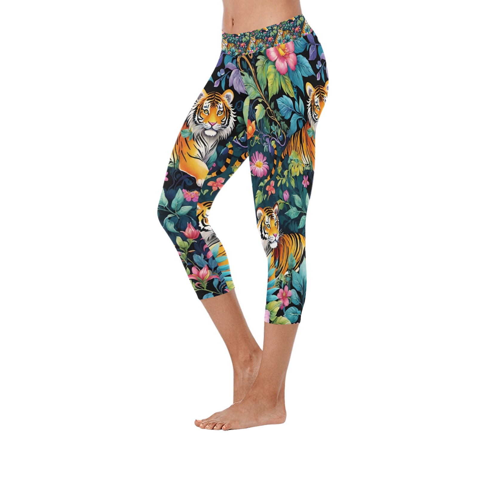Jungle Tigers and Tropical Flowers Pattern Women's Low Rise Capri Leggings (Invisible Stitch) (Model L08)