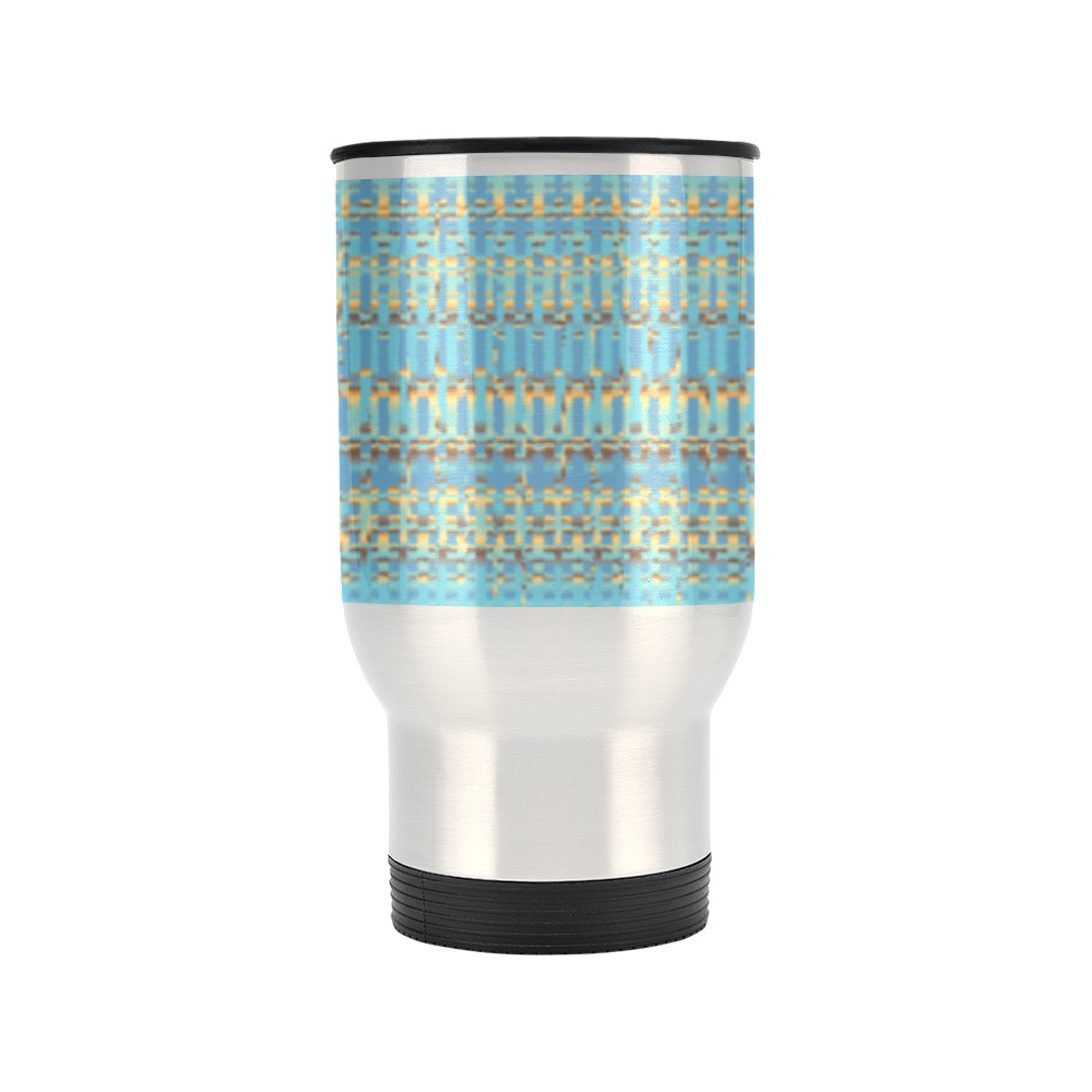 Blue Gold Brown Mosaic Pattern Travel Mug (Silver) (14 Oz)