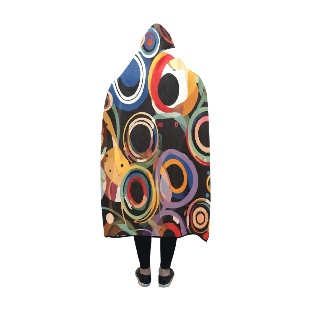 Abstract art of colorful circles, rings on black. Hooded Blanket 60''x50''
