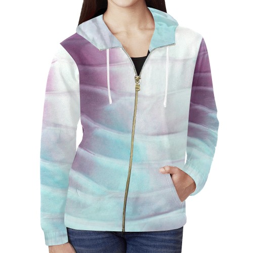 Turquoise and purple paint waves All Over Print Full Zip Hoodie for Women (Model H14)