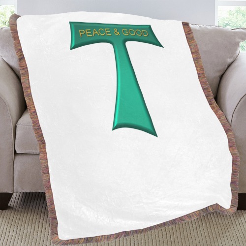 Franciscan Tau Cross Peace and Good Green Steel Metallic Ultra-Soft Fringe Blanket 60"x80" (Mixed Green)