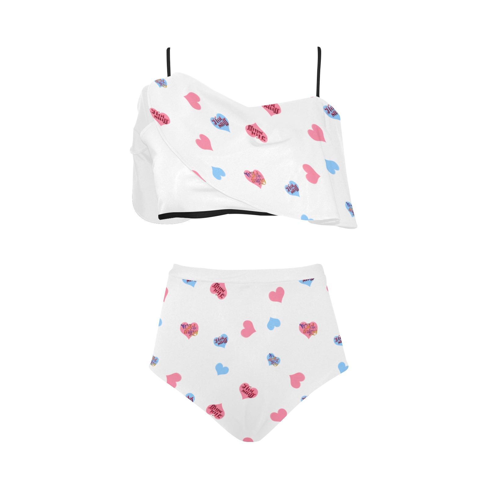 Love Pink-Blue Hearts-Wild Thing-Hot Stuff High Waisted Ruffle Bikini Set (Model S13)