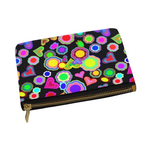Groovy Hearts and Flowers Black Carry-All Pouch 12.5''x8.5''