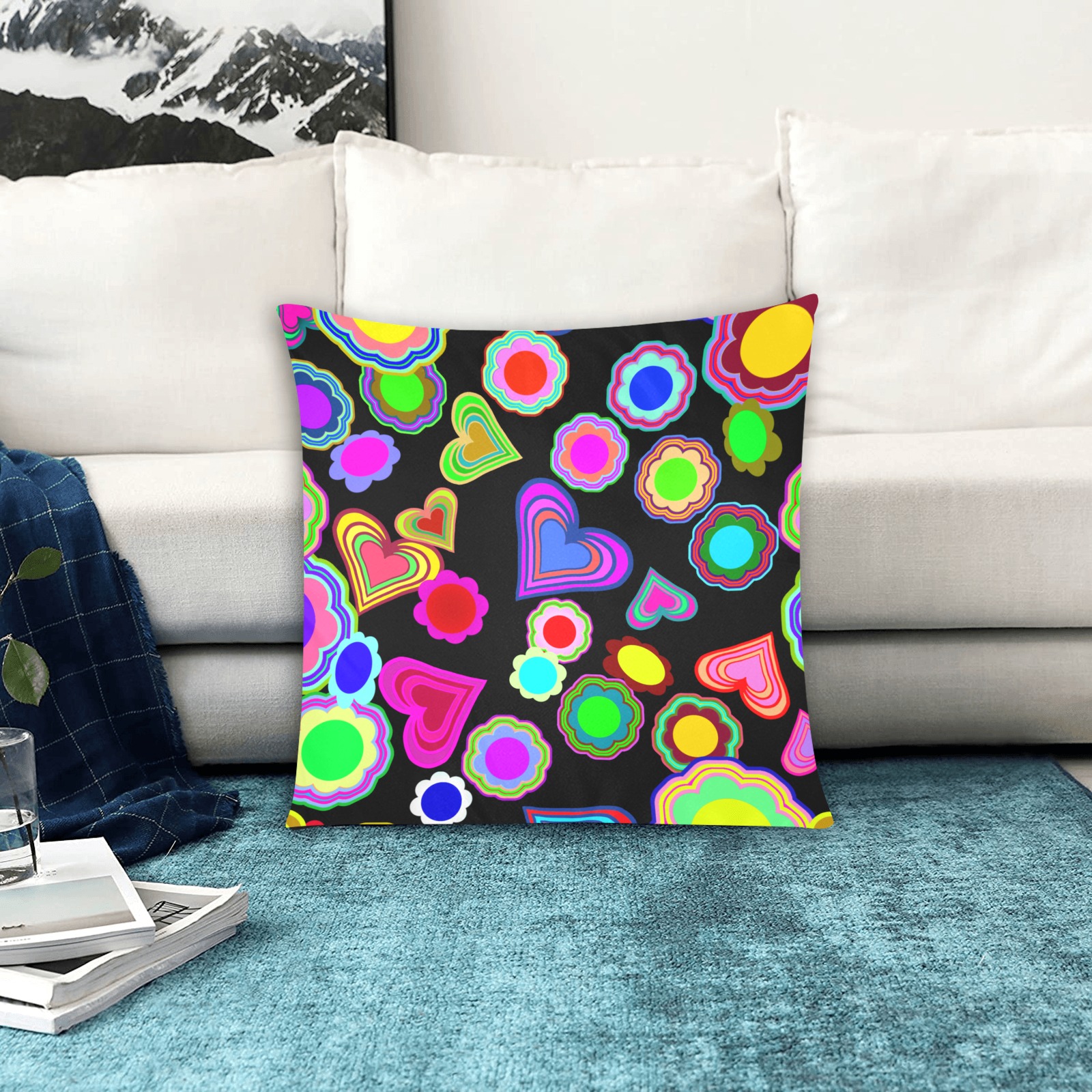 Groovy Hearts Flowers Pattern Black Custom Zippered Pillow Cases 20"x20" (Two Sides)