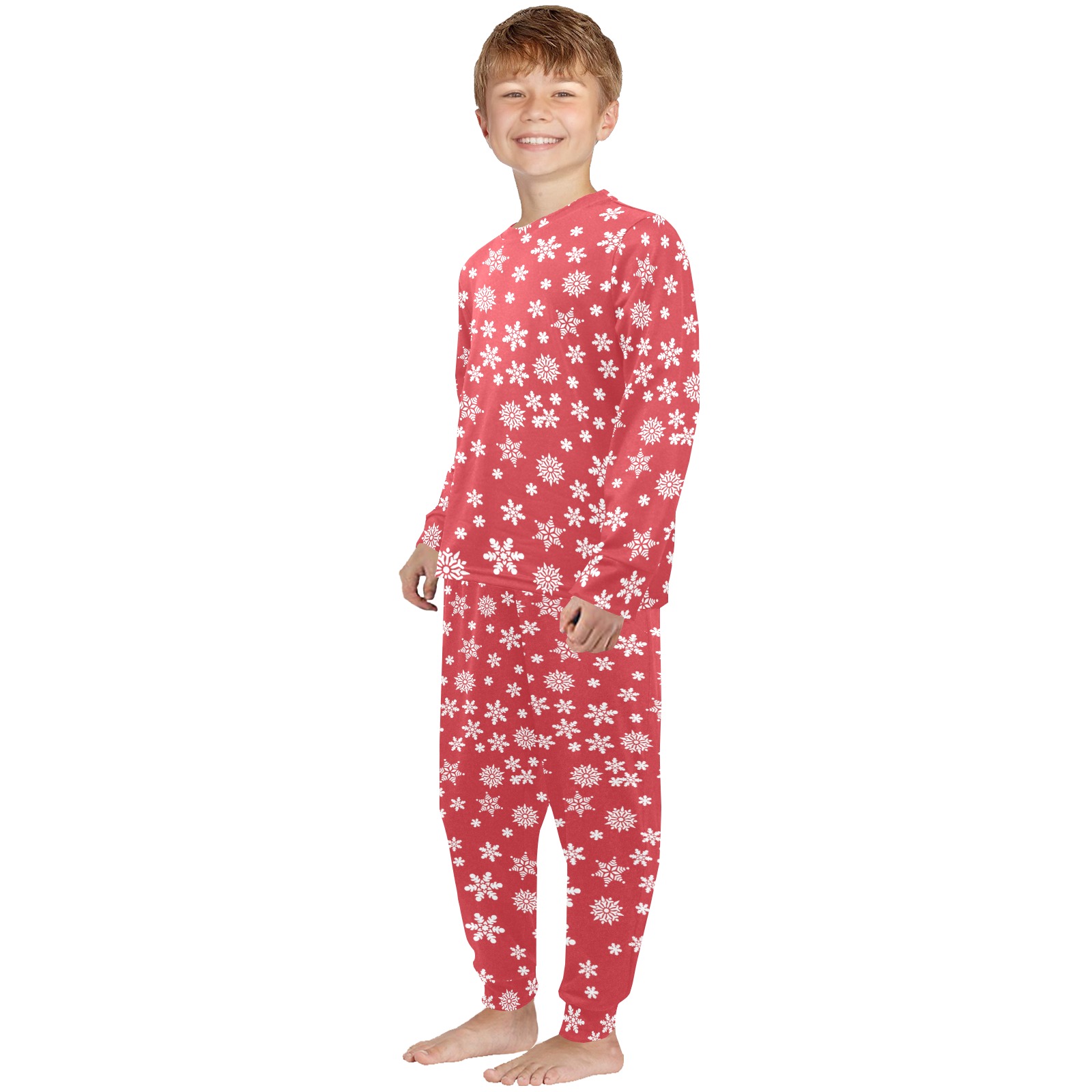 Christmas  White Snowflakes on Red Little Boys' Crew Neck Long Pajama Set