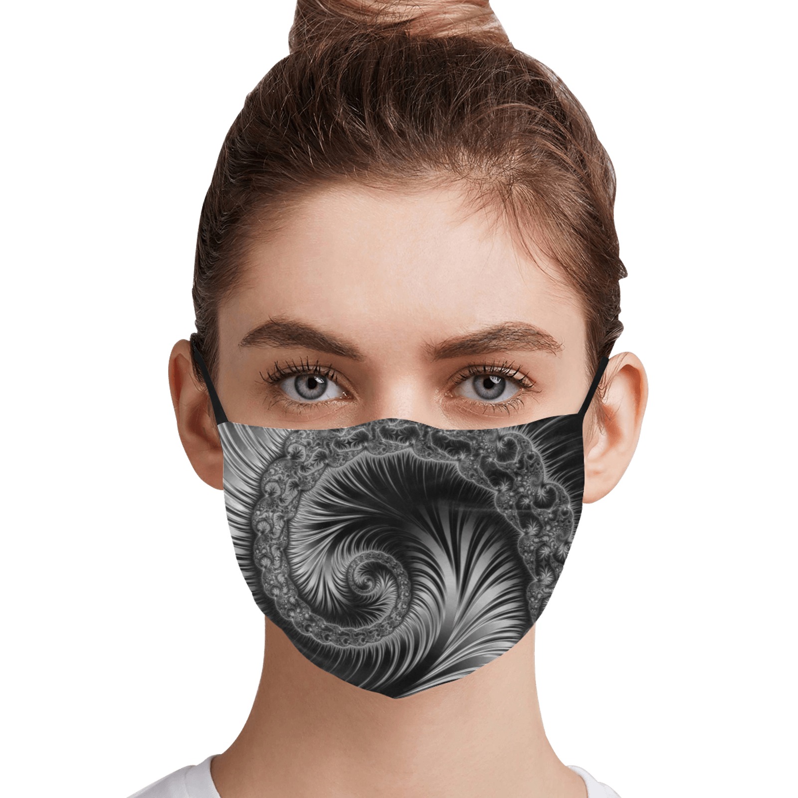 Black and Silver Spiral Fractal Abstract Pleated Mouth Mask for Adults (Model M08)