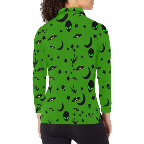 Aliens and Spaceships on Green Women's Long Sleeve Polo Shirt (Model T73)