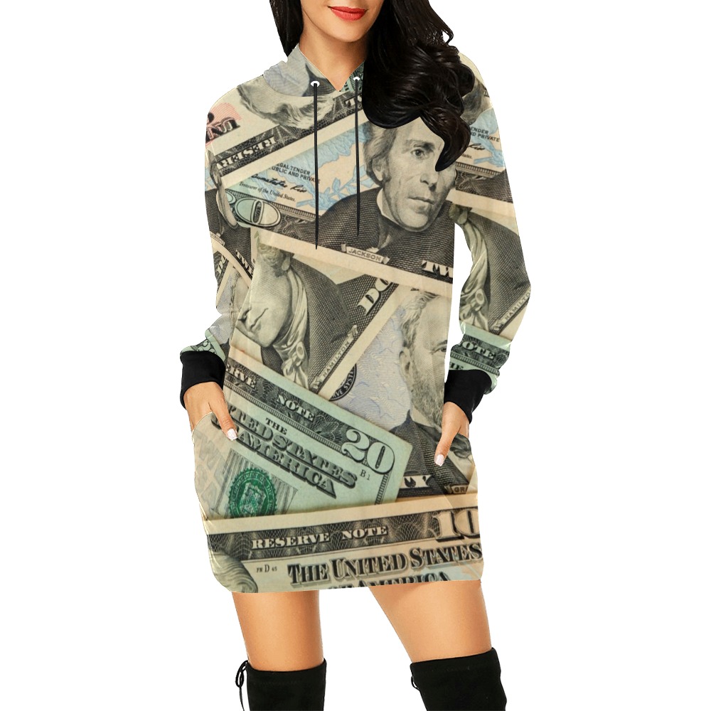 US PAPER CURRENCY All Over Print Hoodie Mini Dress (Model H27)