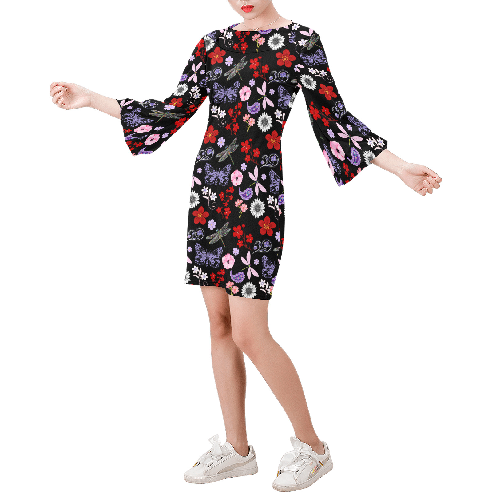 Black, Red, Pink, Purple, Dragonflies, Butterfly and Flowers Design Bell Sleeve Dress (Model D52)