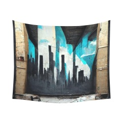 graffiti buildings black white and turquoise 1 Cotton Linen Wall Tapestry 60"x 51"