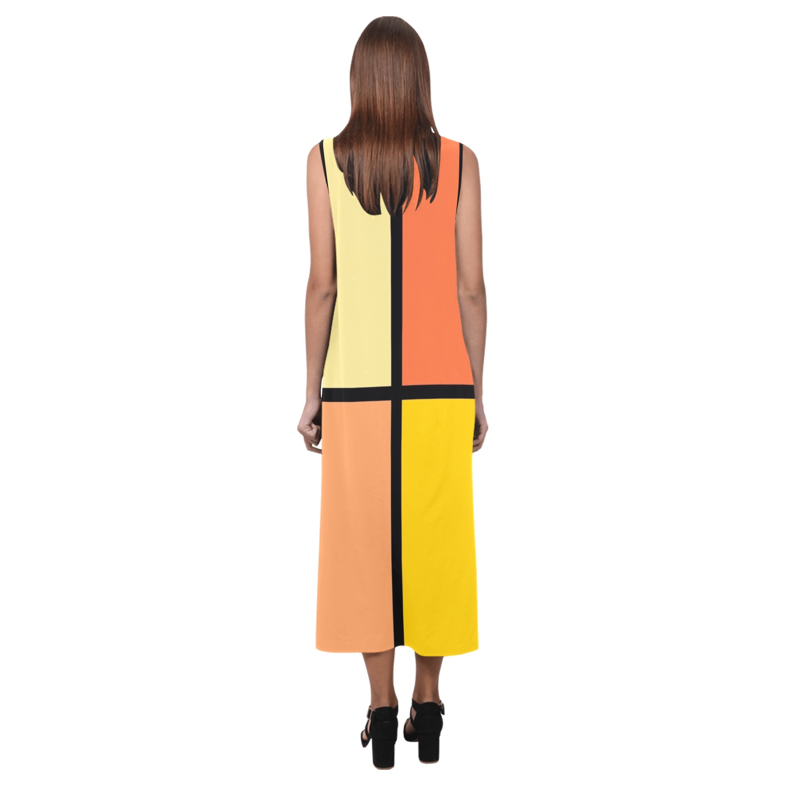 Citrus Orange and Yellow Squares Phaedra Sleeveless Open Fork Long Dress (Model D08)