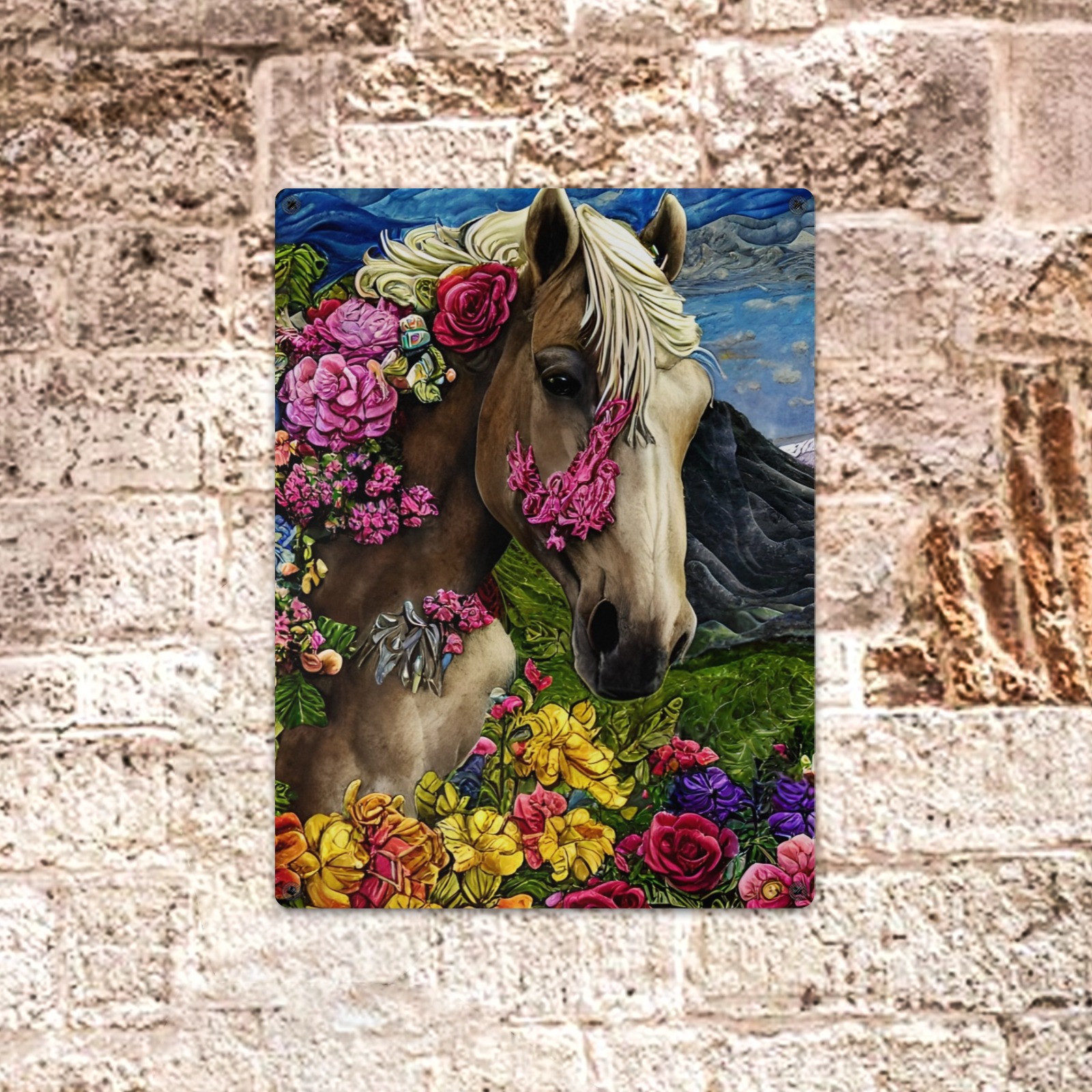 Boho Simulated Quilt Horse Artwork Metal Sign 12"x16"